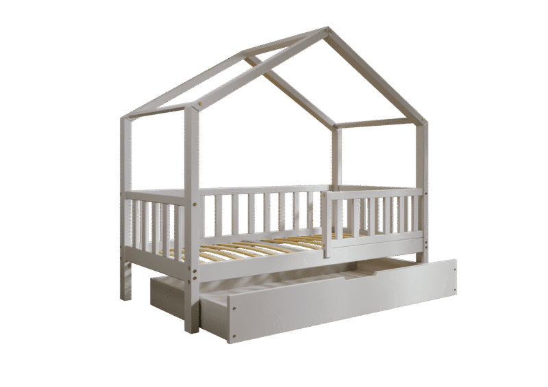 DORMIO drewniane łóżko - domek dziecięce z prostokątnymi szczebelkami i szufladą na pościel