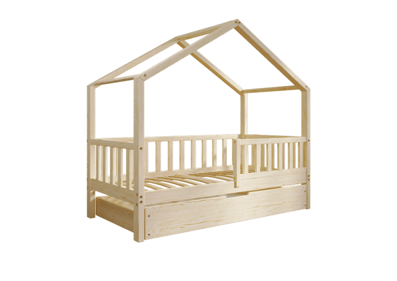 DORMIO drewniane łóżko - domek dziecięce z prostokątnymi szczebelkami i szufladą na pościel