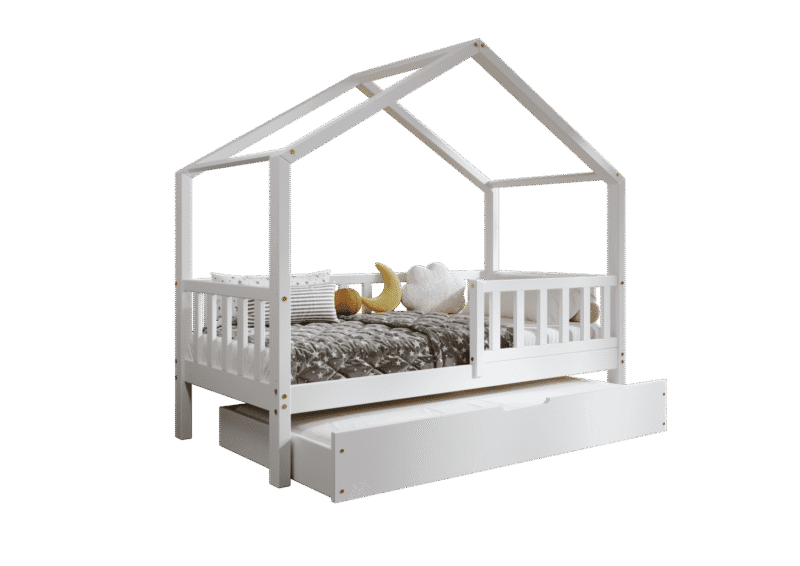 DORMIO drewniane łóżko-domek dziecięce z prostokątnymi szczebelkami i szufladą z funkcją spania