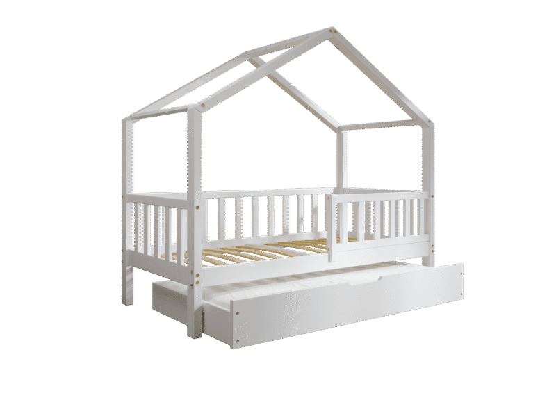 DORMIO drewniane łóżko-domek dziecięce z prostokątnymi szczebelkami i szufladą z funkcją spania