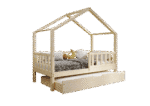 DORMIO drewniane łóżko-domek dziecięce z prostokątnymi szczebelkami i szufladą z funkcją spania