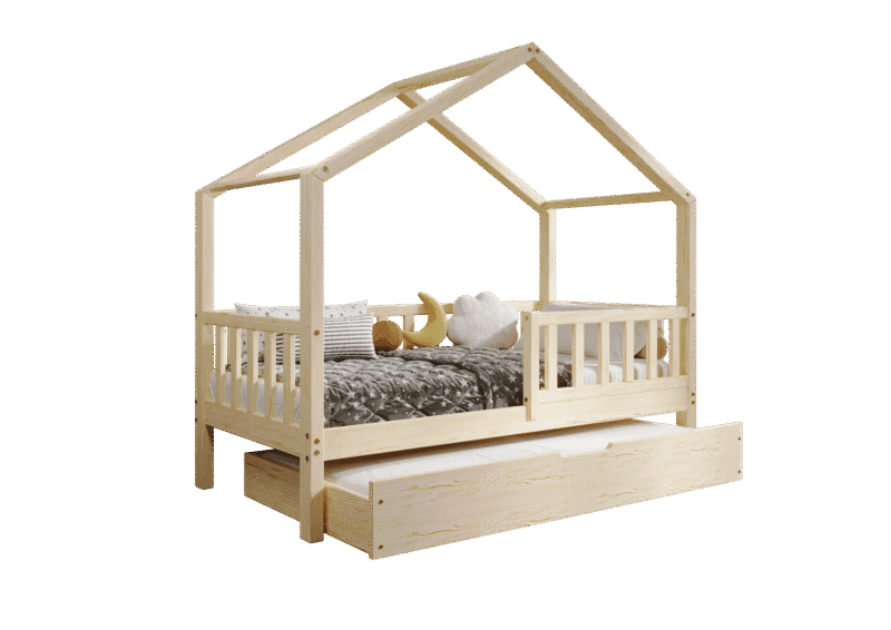 DORMIO drewniane łóżko-domek dziecięce z prostokątnymi szczebelkami i szufladą z funkcją spania