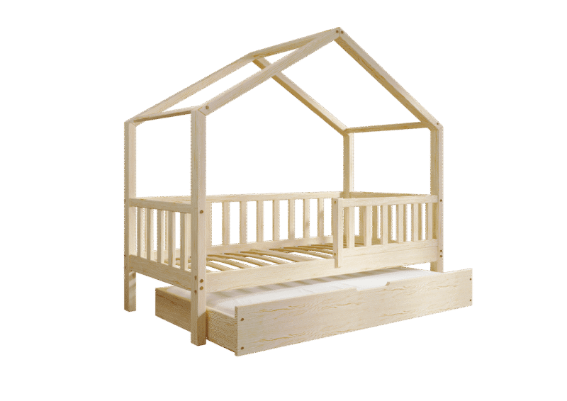 DORMIO drewniane łóżko-domek dziecięce z prostokątnymi szczebelkami i szufladą z funkcją spania