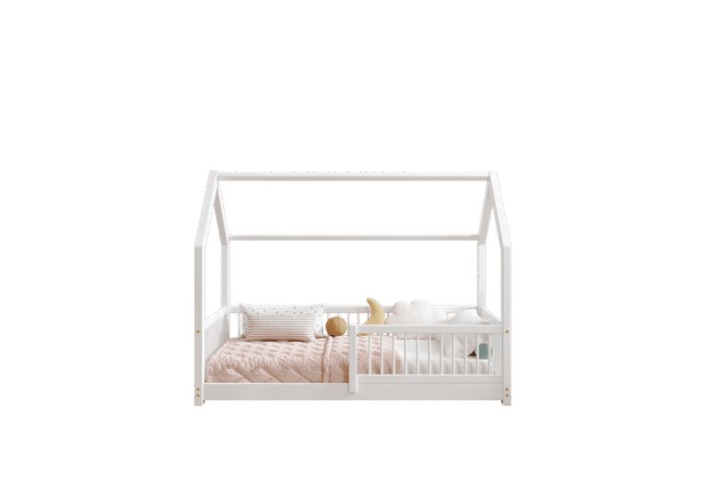 ZOJA drewniane łóżko dziecięce domek z okrągłymi drążkami niskie