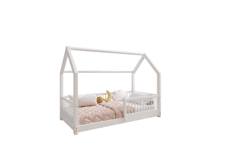 ZOJA drewniane łóżko dziecięce domek z okrągłymi drążkami niskie