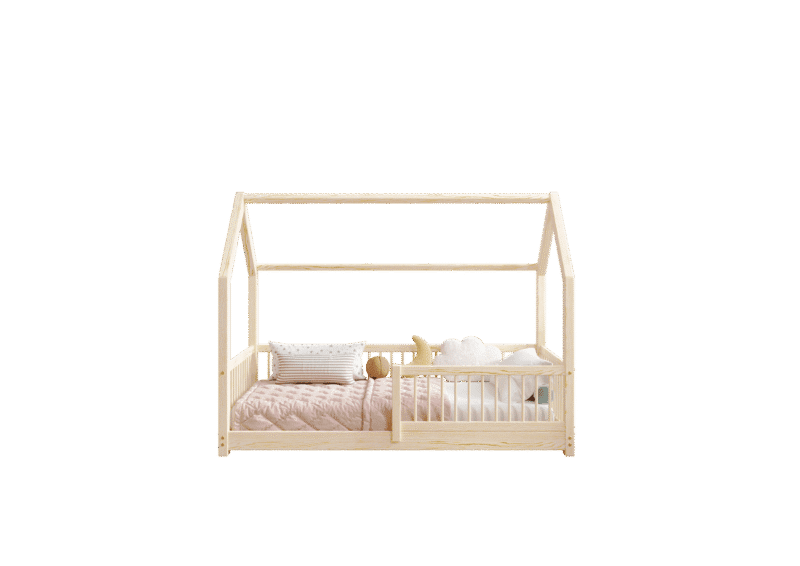 ZOJA drewniane łóżko dziecięce domek z okrągłymi drążkami niskie