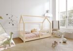 ZOJA drewniane łóżko dziecięce domek z okrągłymi drążkami niskie