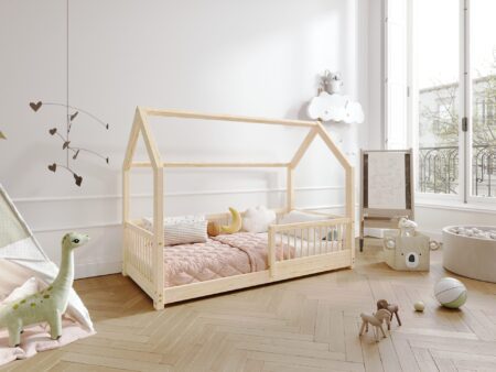 ZOJA drewniane łóżko dziecięce domek z okrągłymi drążkami niskie