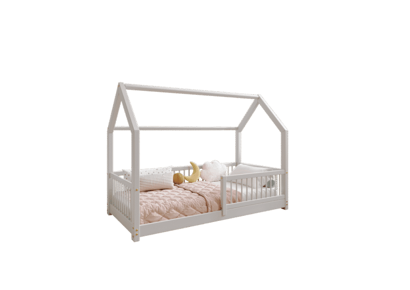 ZOJA drewniane łóżko dziecięce domek z okrągłymi drążkami niskie