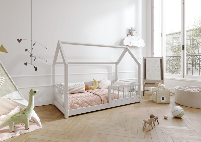 ZOJA drewniane łóżko dziecięce domek z okrągłymi drążkami niskie