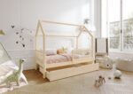 ZOJA drewniane łóżko domek dziecięce z okrągłymi szczebelkami i szufladą na pościel