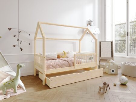 ZOJA drewniane łóżko domek dziecięce z okrągłymi szczebelkami i szufladą na pościel