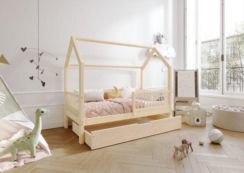 ZOJA drewniane łóżko domek dziecięce z okrągłymi szczebelkami i szufladą na pościel