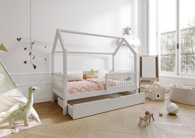 ZOJA drewniane łóżko domek dziecięce z okrągłymi szczebelkami i szufladą na pościel