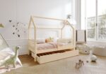 ZOJA drewniane łóżko domek dziecięce z okrągłymi szczebelkami i szufladą z funkcją spania