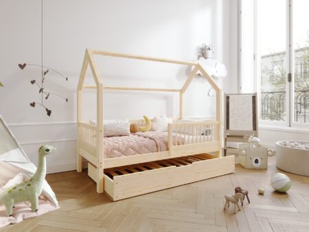 ZOJA drewniane łóżko domek dziecięce z okrągłymi szczebelkami i szufladą z funkcją spania
