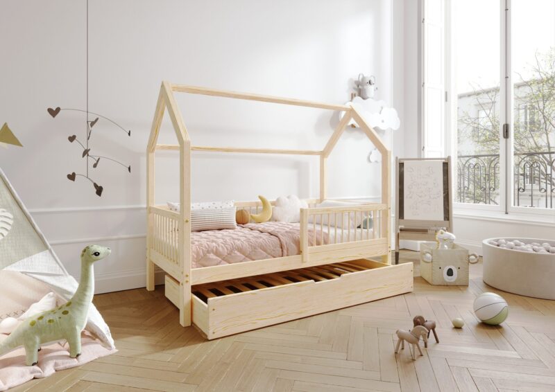 ZOJA drewniane łóżko domek dziecięce z okrągłymi szczebelkami i szufladą z funkcją spania