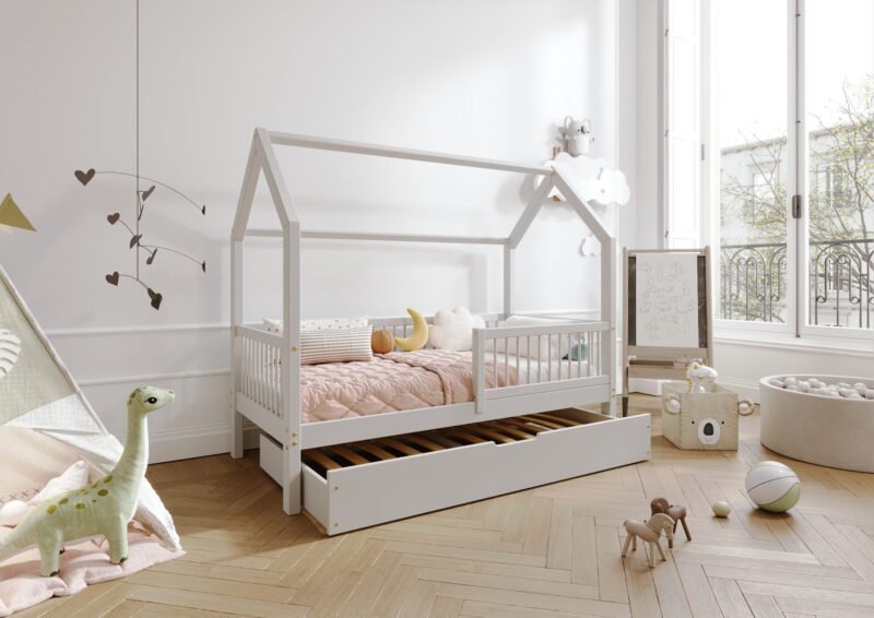 ZOJA drewniane łóżko domek dziecięce z okrągłymi szczebelkami i szufladą z funkcją spania