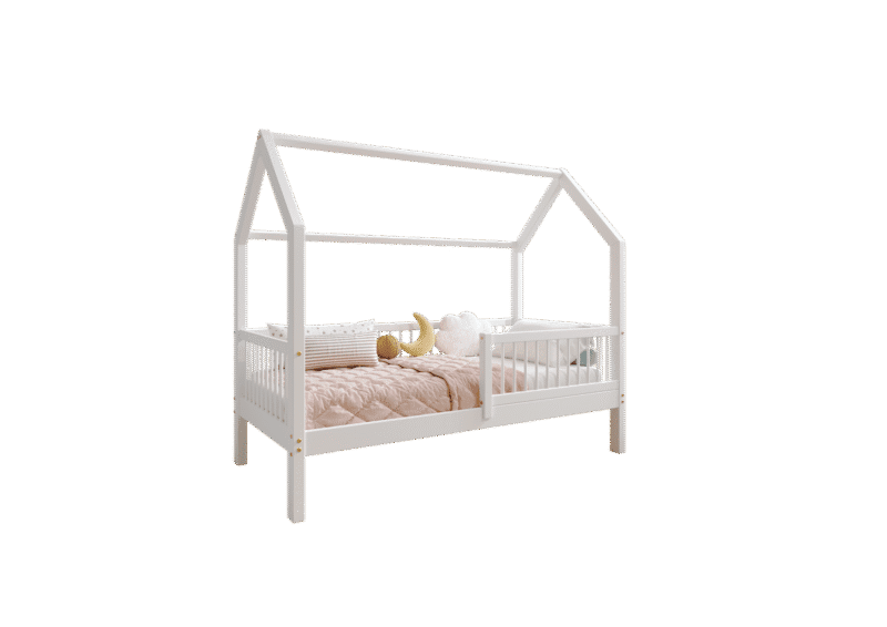 ZOJA drewniane łóżko dziecięce domek z okrągłymi drążkami wysokie