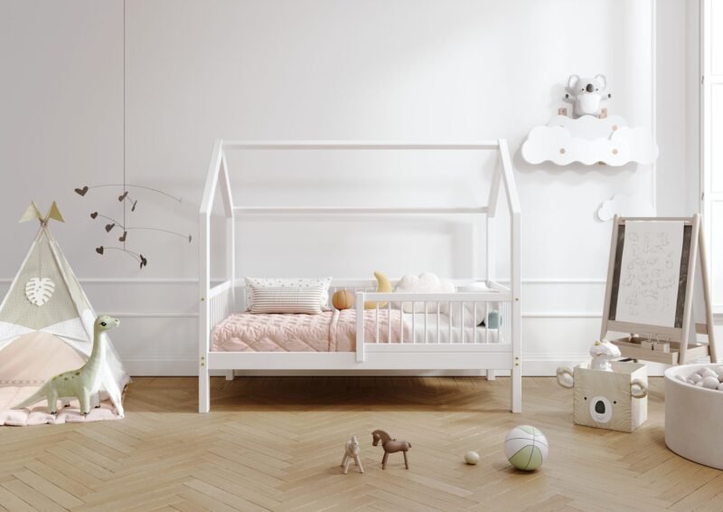 ZOJA drewniane łóżko dziecięce domek z okrągłymi drążkami wysokie