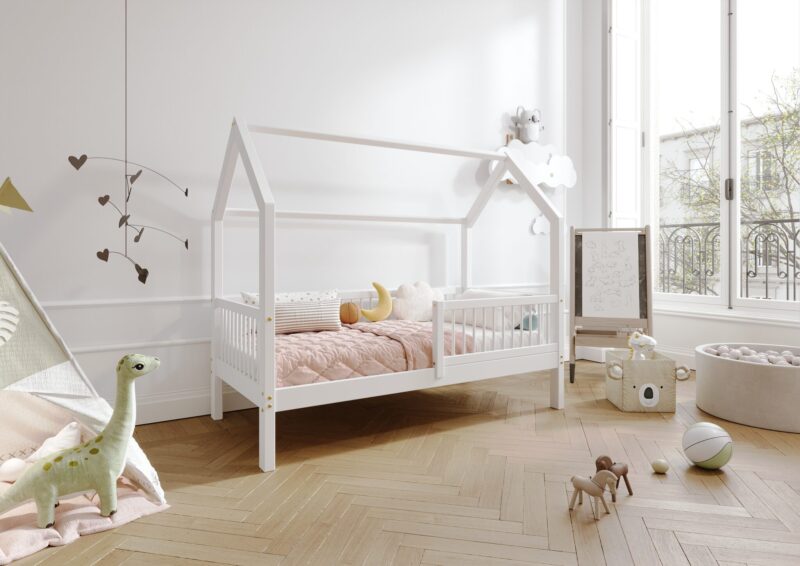 ZOJA drewniane łóżko dziecięce domek z okrągłymi drążkami wysokie