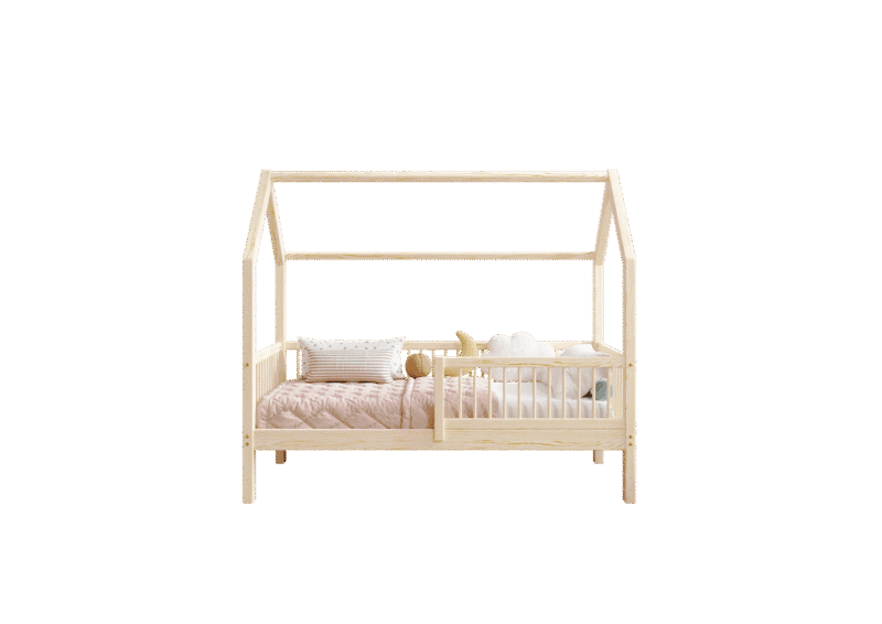 ZOJA drewniane łóżko dziecięce domek z okrągłymi drążkami wysokie