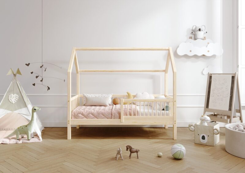 ZOJA drewniane łóżko dziecięce domek z okrągłymi drążkami wysokie