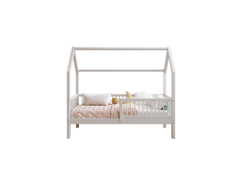 ZOJA drewniane łóżko dziecięce domek z okrągłymi drążkami wysokie