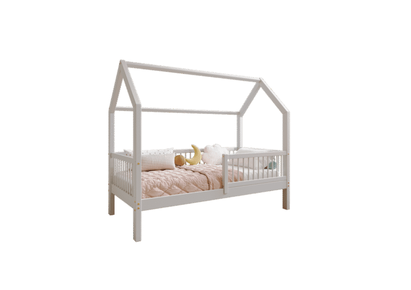 ZOJA drewniane łóżko dziecięce domek z okrągłymi drążkami wysokie