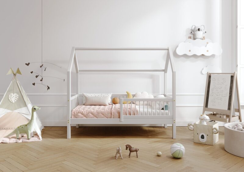 ZOJA drewniane łóżko dziecięce domek z okrągłymi drążkami wysokie