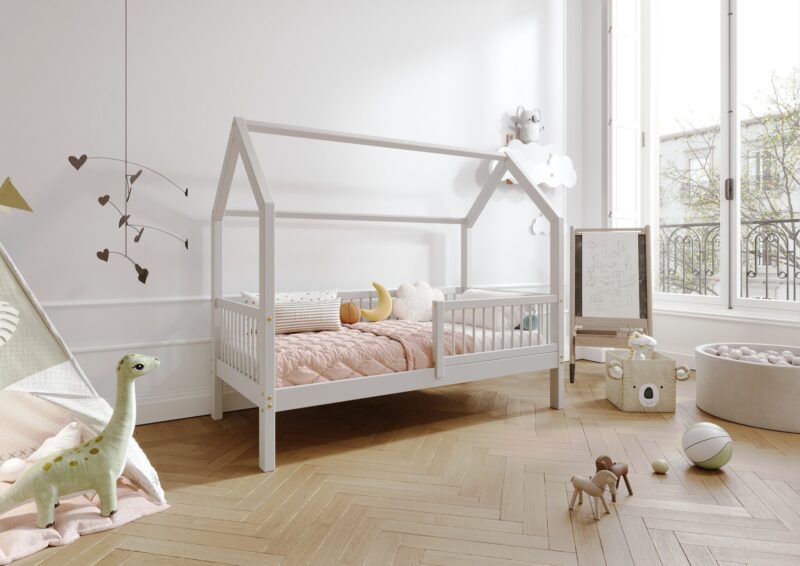 ZOJA drewniane łóżko dziecięce domek z okrągłymi drążkami wysokie