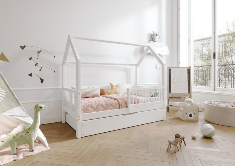 ZOJA drewniane łóżko domek dziecięce z okrągłymi szczebelkami i szufladą na pościel