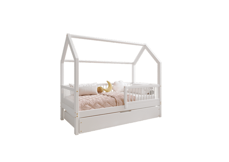 ZOJA drewniane łóżko domek dziecięce z okrągłymi szczebelkami i szufladą na pościel