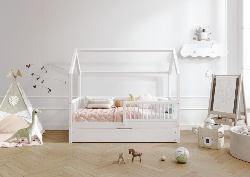 ZOJA drewniane łóżko domek dziecięce z okrągłymi szczebelkami i szufladą na pościel