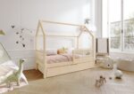ZOJA drewniane łóżko domek dziecięce z okrągłymi szczebelkami i szufladą na pościel