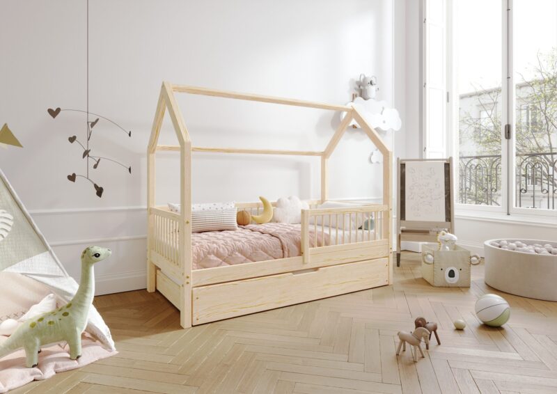 ZOJA drewniane łóżko domek dziecięce z okrągłymi szczebelkami i szufladą na pościel