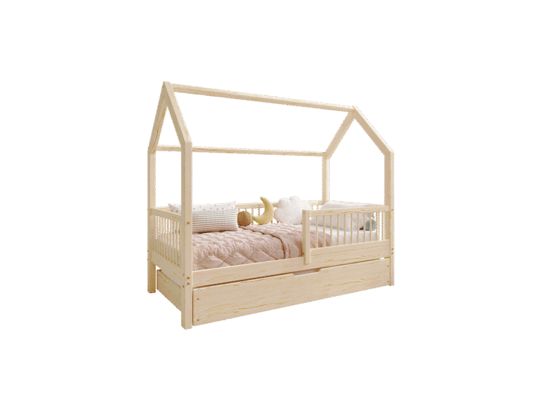 ZOJA drewniane łóżko domek dziecięce z okrągłymi szczebelkami i szufladą na pościel