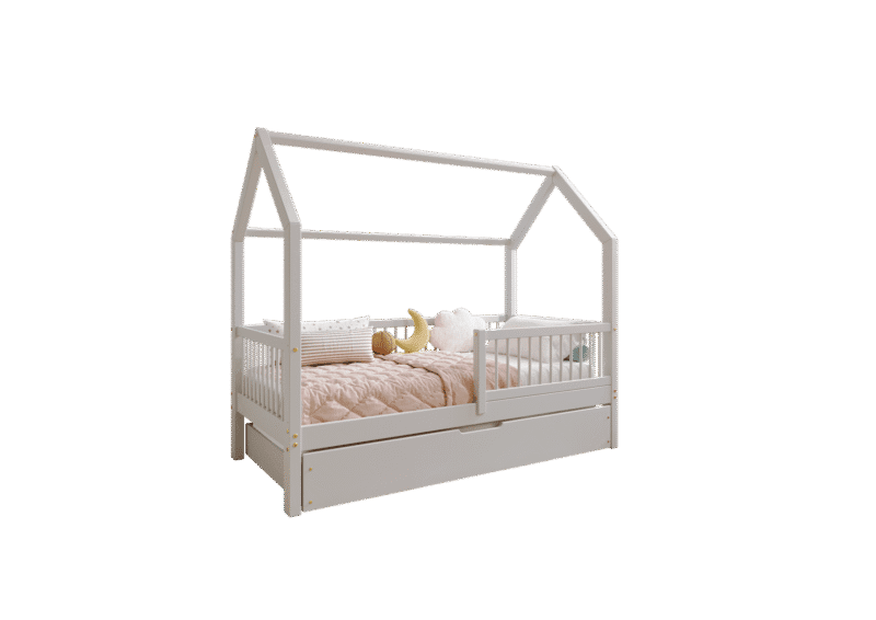 ZOJA drewniane łóżko domek dziecięce z okrągłymi szczebelkami i szufladą na pościel