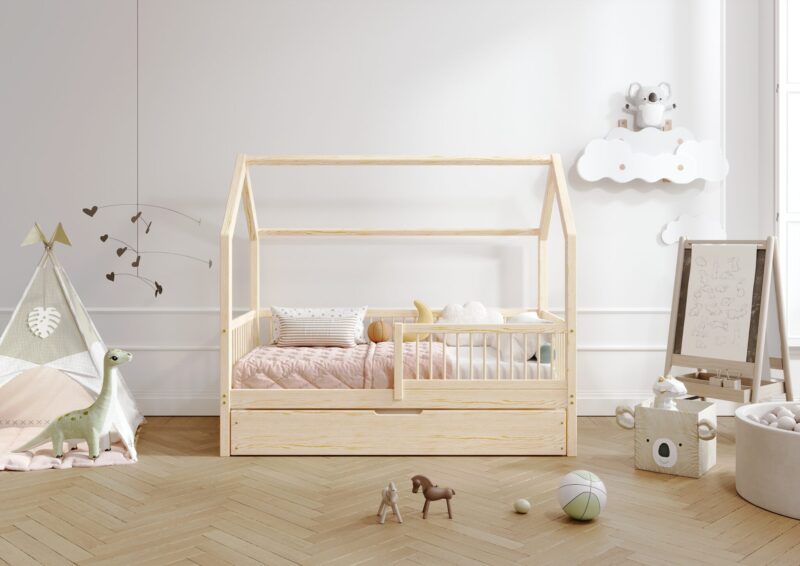 ZOJA drewniane łóżko domek dziecięce z okrągłymi szczebelkami i szufladą na pościel