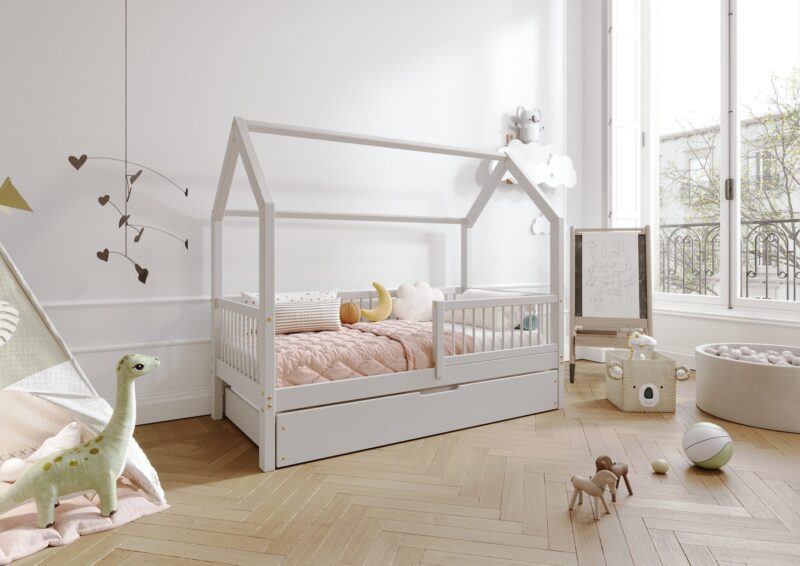 ZOJA drewniane łóżko domek dziecięce z okrągłymi szczebelkami i szufladą na pościel