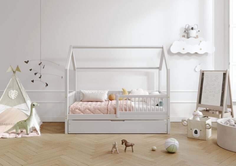 ZOJA drewniane łóżko domek dziecięce z okrągłymi szczebelkami i szufladą na pościel