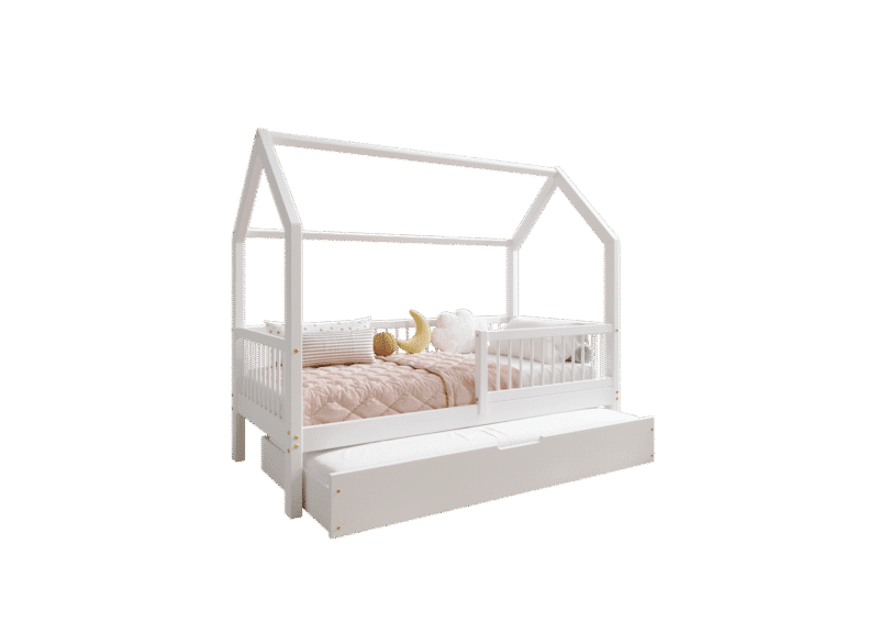 ZOJA drewniane łóżko domek dziecięce z okrągłymi szczebelkami i szufladą z funkcją spania