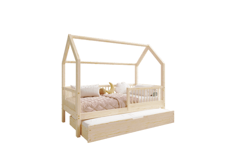 ZOJA drewniane łóżko domek dziecięce z okrągłymi szczebelkami i szufladą z funkcją spania