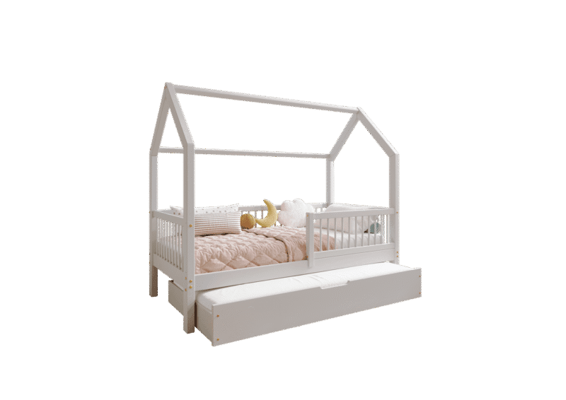 ZOJA drewniane łóżko domek dziecięce z okrągłymi szczebelkami i szufladą z funkcją spania