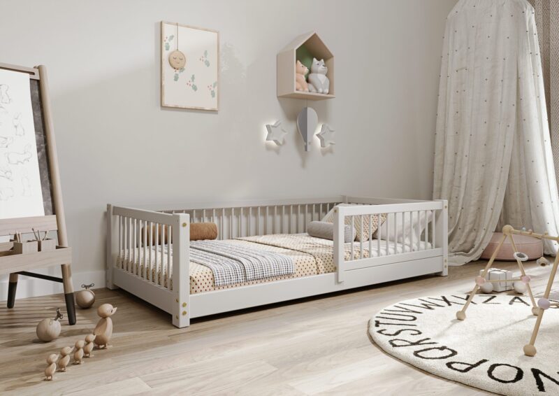 ALFIE drewniane łóżko dziecięce klasyczne z okrągłymi szczebelkami niskie
