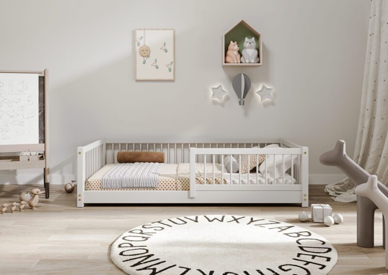 ALFIE drewniane łóżko dziecięce klasyczne z okrągłymi szczebelkami niskie