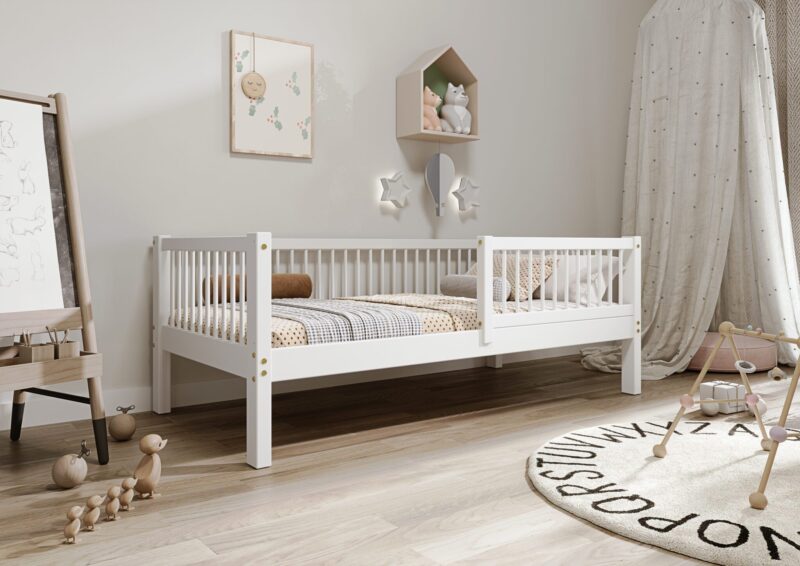ALFIE drewniane łóżko dziecięce klasyczne z okrągłymi szczebelkami wysokie