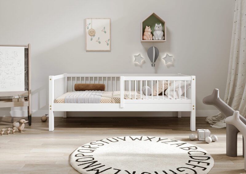 ALFIE drewniane łóżko dziecięce klasyczne z okrągłymi szczebelkami wysokie