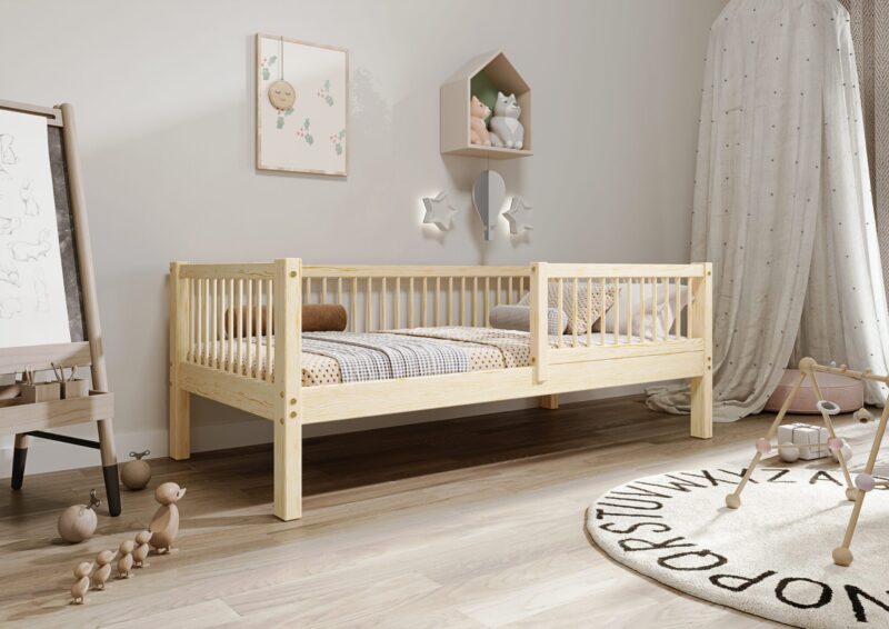 ALFIE drewniane łóżko dziecięce klasyczne z okrągłymi szczebelkami wysokie