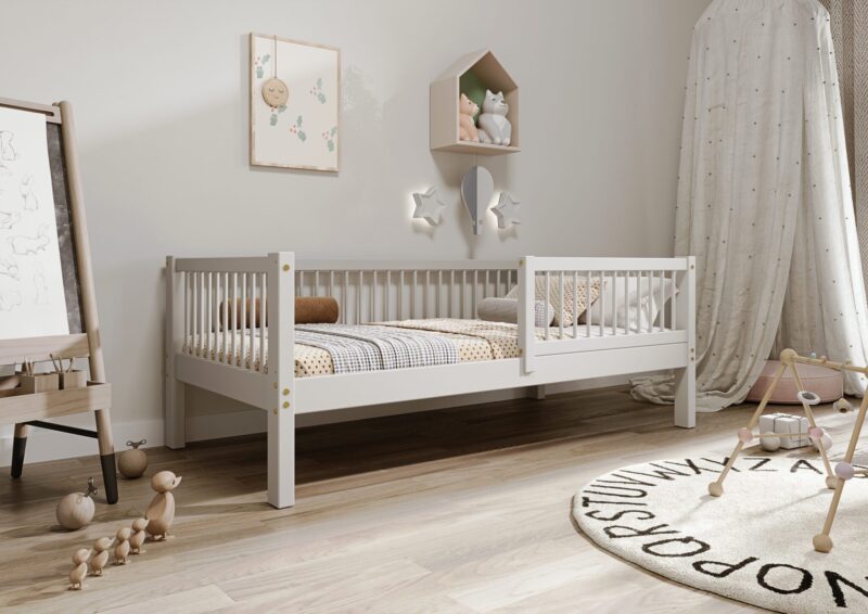 ALFIE drewniane łóżko dziecięce klasyczne z okrągłymi szczebelkami wysokie